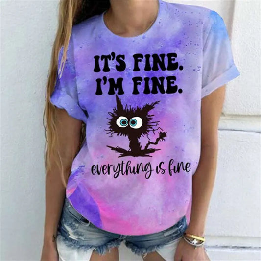 Funny Cat It's Fine T-shirts for Women Casual T-shirts